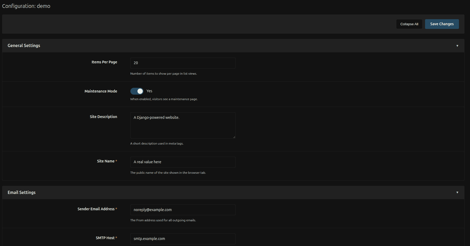 Django system configuration page showing the myapp entry and its General Settings section