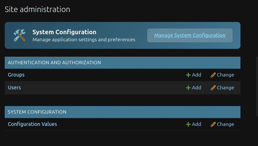 Django admin index page with the System Configuration button visible